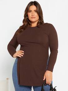 SHEIN Essnce 大碼條紋針織下擺開叉T恤 - 巧克力棕 - 查看 4