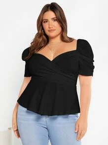 SHEIN Privé Áo thun Plus size Xù Viên lá sen Trọn gói màu trơn Giải trí - màu đen - Xem 7