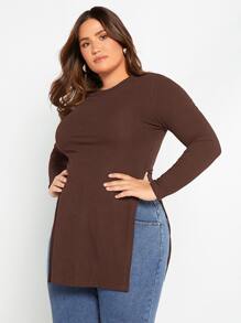 SHEIN Essnce 大碼條紋針織下擺開叉T恤 - 巧克力棕 - 查看 6