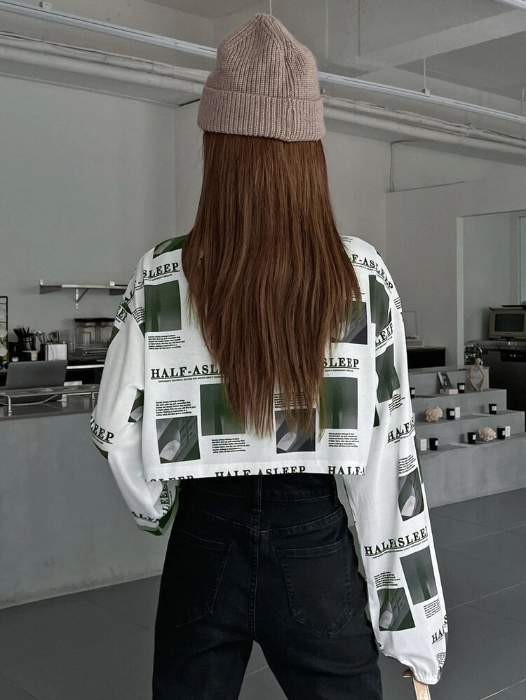 Slogan Graphic Drop Shoulder Crop Jacket & Tube Top