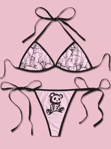 ROMWE Kawaii Cartoon Bear Graphic Contrast Binding Halter Tie Side Lingerie Set - Pink - View 1