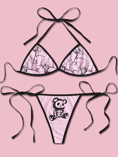 Kawaii Cartoon Bear Graphic Contrast Binding Halter Tie Side Lingerie Set