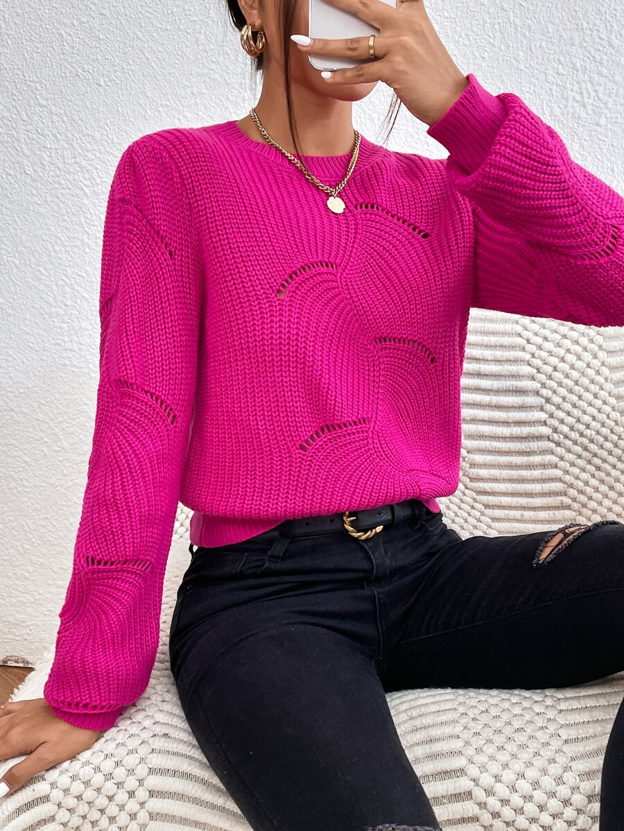 SHEIN Essnce 圓領網眼針織套頭毛衣 - 玫紅色 - 查看 1
