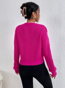 SHEIN Essnce 圓領網眼針織套頭毛衣 - 玫紅色 - 查看 2