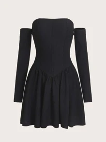 SHEIN MOD Off Shoulder Ruffle Hem Dress Without Belt - Black - View 1