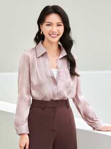 Satin Button Through Shirt - Mauve Purple - View 1