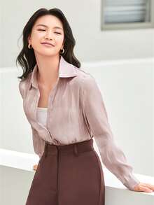 Satin Button Through Shirt - Mauve Purple - View 4