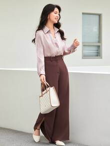 Satin Button Through Shirt - Mauve Purple - View 5