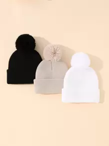 婴儿单球针织帽，白色和米色三色组合，适合男婴和女婴日常佩戴， - 彩色 - 查看 1
