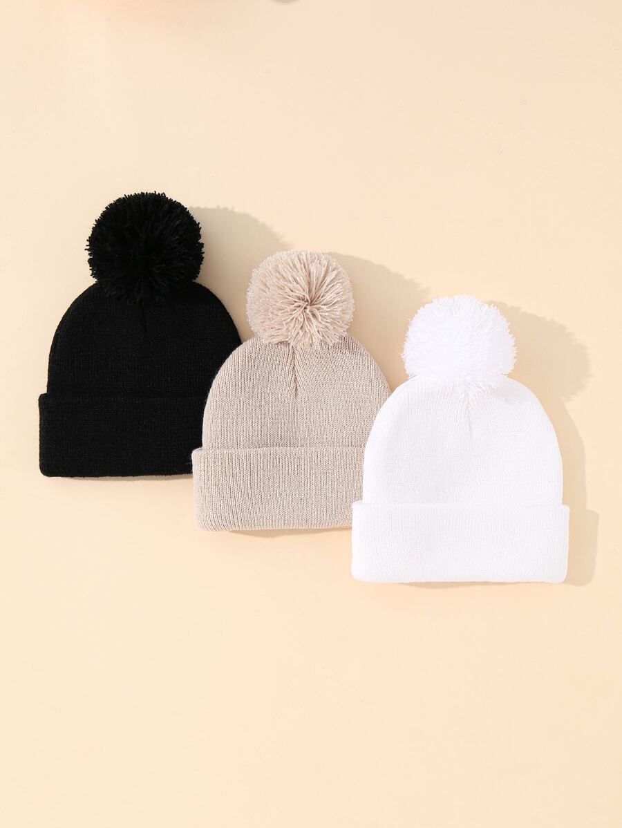 婴儿单球针织帽，白色和米色三色组合，适合男婴和女婴日常佩戴， - 彩色 - 查看 1