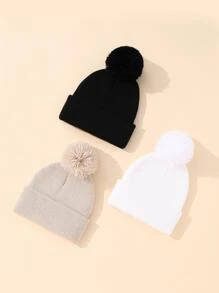 婴儿单球针织帽，白色和米色三色组合，适合男婴和女婴日常佩戴， - 彩色 - 查看 2