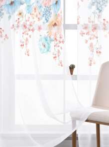 1pc Watercolor Floral Pattern Decorative Sheer Curtain - Multicolor - View 2