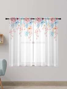 1pc Watercolor Floral Pattern Decorative Sheer Curtain - Multicolor - View 4