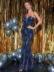 YISIKADO Mesh Insert Sequin Mermaid Hem Tube Formal Dress - Navy Blue - View 6