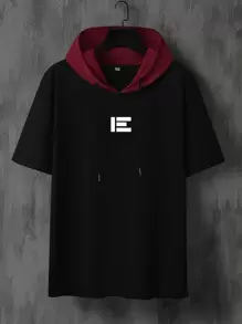 Manfinity Homme 男士反光字母圖案雙色抽繩連帽T恤 - 黑色 - 查看 1