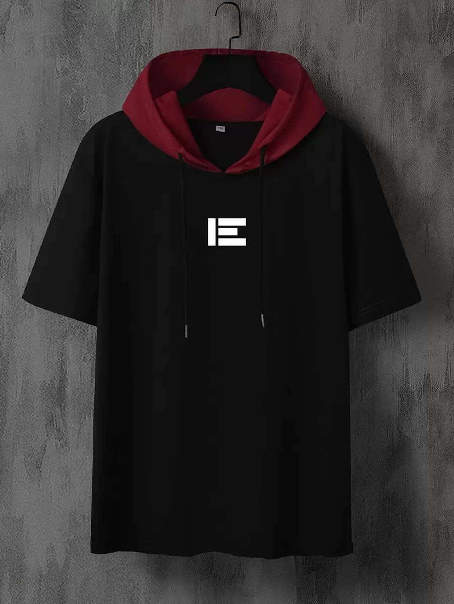 Manfinity Homme 男士反光字母圖案雙色抽繩連帽T恤 - 黑色 - 查看 1