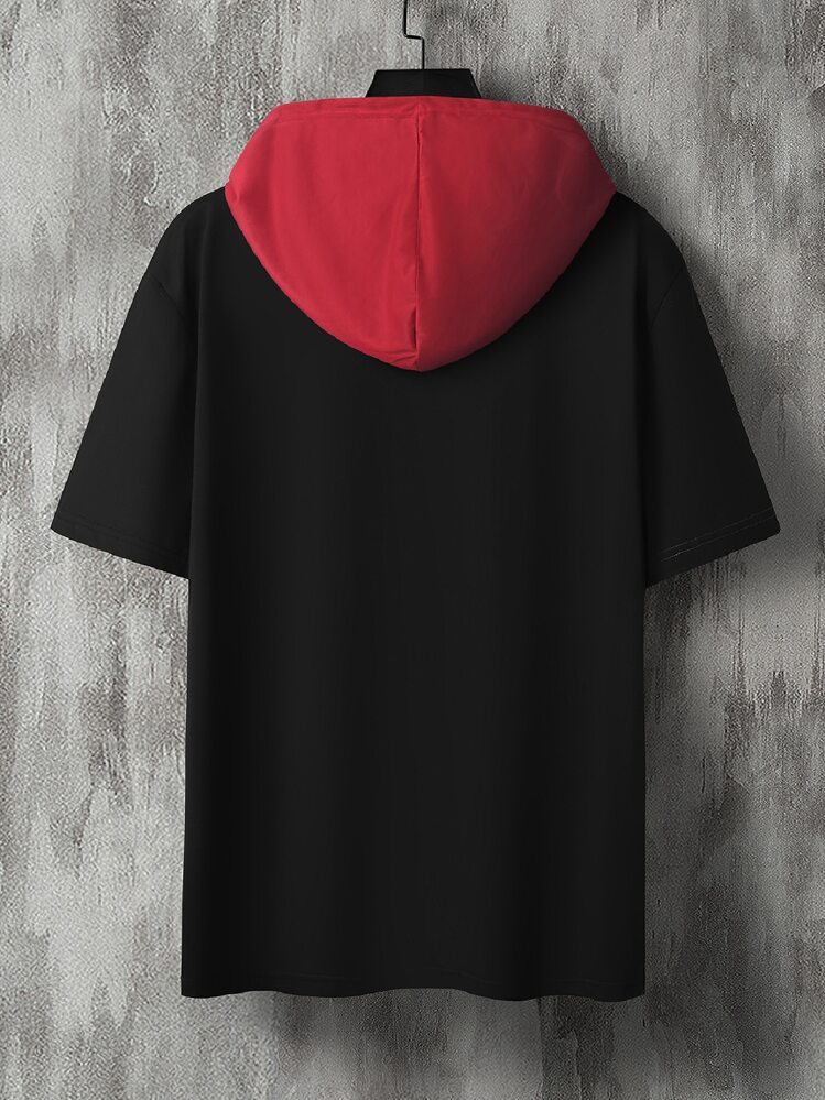 Manfinity Homme Men Reflective Letter Graphic Two Tone Drawstring Hooded Tee - Black - View 2