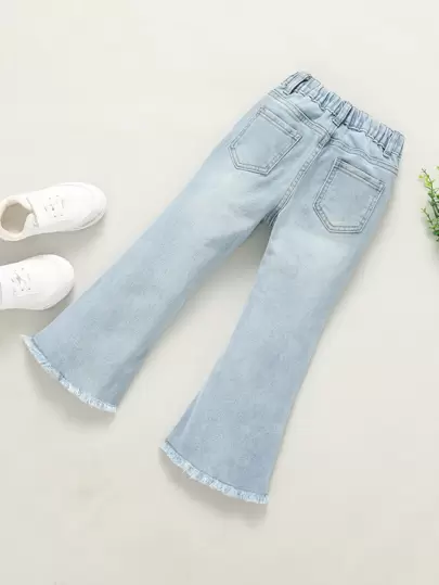 SHEIN Playful Pals Young Girl Light Wash Rippade & Frayed Fåll Flare Jeans, Casual & Mångsidig med Stretch