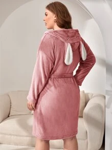 Bata Pestañas con bordado con diseño de orejas 3D con capucha con cinturón de franela - Rosa vieja - Ver 2