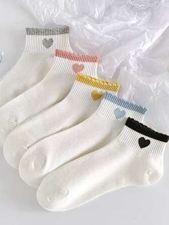 5雙愛心圖案拼接邊短襪