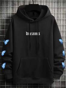 Manfinity Hypemode Nam Chữ & Bướm In Túi kangaroo Dây rút Áo hoodie ấm áp - màu đen - Xem 1