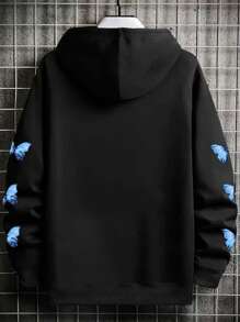 Manfinity Hypemode Nam Chữ & Bướm In Túi kangaroo Dây rút Áo hoodie ấm áp - màu đen - Xem 2