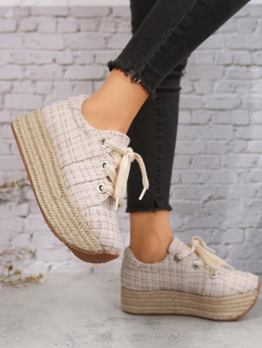 Plaid Pattern Lace-up Front Wedge Sneakers - Beige - View 1