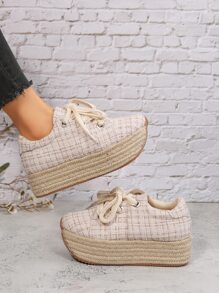 Plaid Pattern Lace-up Front Wedge Sneakers - Beige - View 3