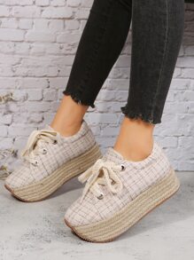 Plaid Pattern Lace-up Front Wedge Sneakers - Beige - View 4