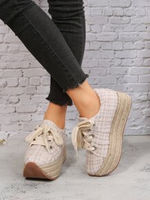 Plaid Pattern Lace-up Front Wedge Sneakers - Beige - View 5