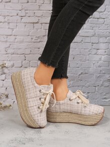 Plaid Pattern Lace-up Front Wedge Sneakers - Beige - View 6