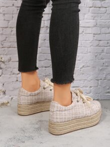 Plaid Pattern Lace-up Front Wedge Sneakers - Beige - View 7