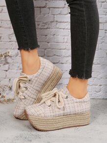 Plaid Pattern Lace-up Front Wedge Sneakers - Beige - View 8