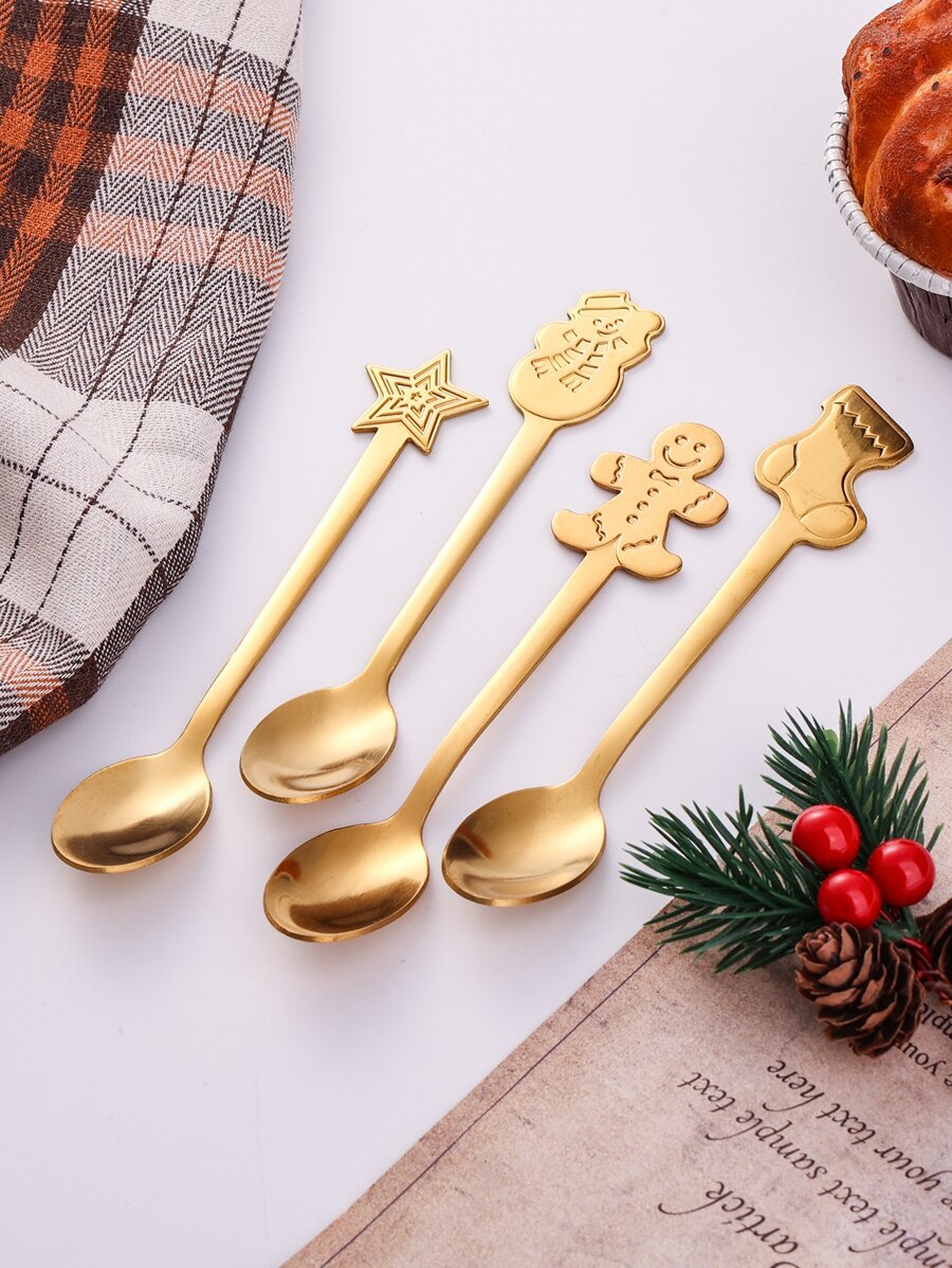 4pcs Christmas Gift Gingerbread Man & Star Decor Random Spoon,Kitchen,Christmas Gift