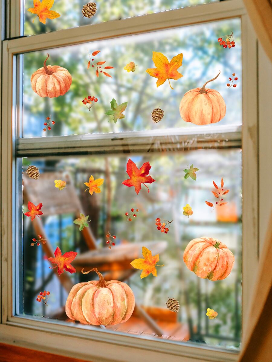 1set Halloween Decorative Stickers For Windows, Including 2 Sheets Of Pumpkin Pine Cone Maple Leaf Stickers Home Decor Room Decor