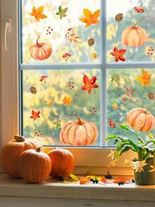 1set Halloween Decorative Stickers For Windows, Including 2 Sheets Of Pumpkin Pine Cone Maple Leaf Stickers Home Decor Room Decor