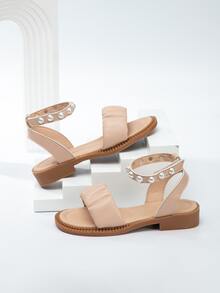 女孩人造珍珠裝飾踝帶涼鞋 - 杏色 - 查看 3