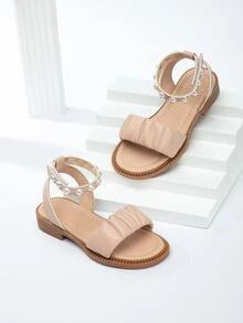 女孩人造珍珠裝飾踝帶涼鞋 - 杏色 - 查看 5