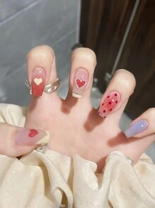 24入組長款棺材愛心圖案假指甲和1張膠帶和1入組指甲銼 - 彩色 - 查看 1