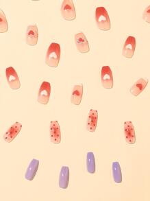 24入組長款棺材愛心圖案假指甲和1張膠帶和1入組指甲銼 - 彩色 - 查看 4