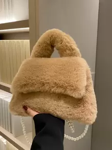 Fuzzy, Soft, Plush Faux Pearl Decor Flap Fluffy Square Bag For Girls, Women, College Students, Rookies & White-collar Workers For Work, Office, Commute, For Autumn & Winter, Warm Winter, Outdoors - Khaki - View 1