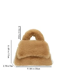 Fuzzy, Soft, Plush Faux Pearl Decor Flap Fluffy Square Bag For Girls, Women, College Students, Rookies & White-collar Workers For Work, Office, Commute, For Autumn & Winter, Warm Winter, Outdoors - Khaki - View 2
