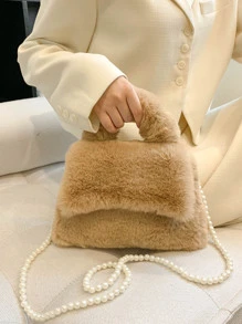 Fuzzy, Soft, Plush Faux Pearl Decor Flap Fluffy Square Bag For Girls, Women, College Students, Rookies & White-collar Workers For Work, Office, Commute, For Autumn & Winter, Warm Winter, Outdoors - Khaki - View 3