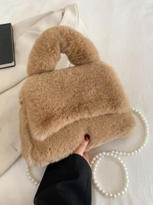Fuzzy, Soft, Plush Faux Pearl Decor Flap Fluffy Square Bag For Girls, Women, College Students, Rookies & White-collar Workers For Work, Office, Commute, For Autumn & Winter, Warm Winter, Outdoors - Khaki - View 5