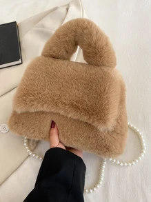 Fuzzy, Soft, Plush Faux Pearl Decor Flap Fluffy Square Bag For Girls, Women, College Students, Rookies & White-collar Workers For Work, Office, Commute, For Autumn & Winter, Warm Winter, Outdoors - Khaki - View 6