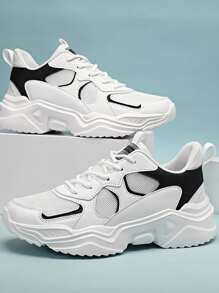 男士雙色字母貼飾前綁帶老爹鞋