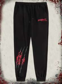 ROMWE MEN WB Horror | ROMWE Guys Letter Graphic Sweatpants - Black - View 6
