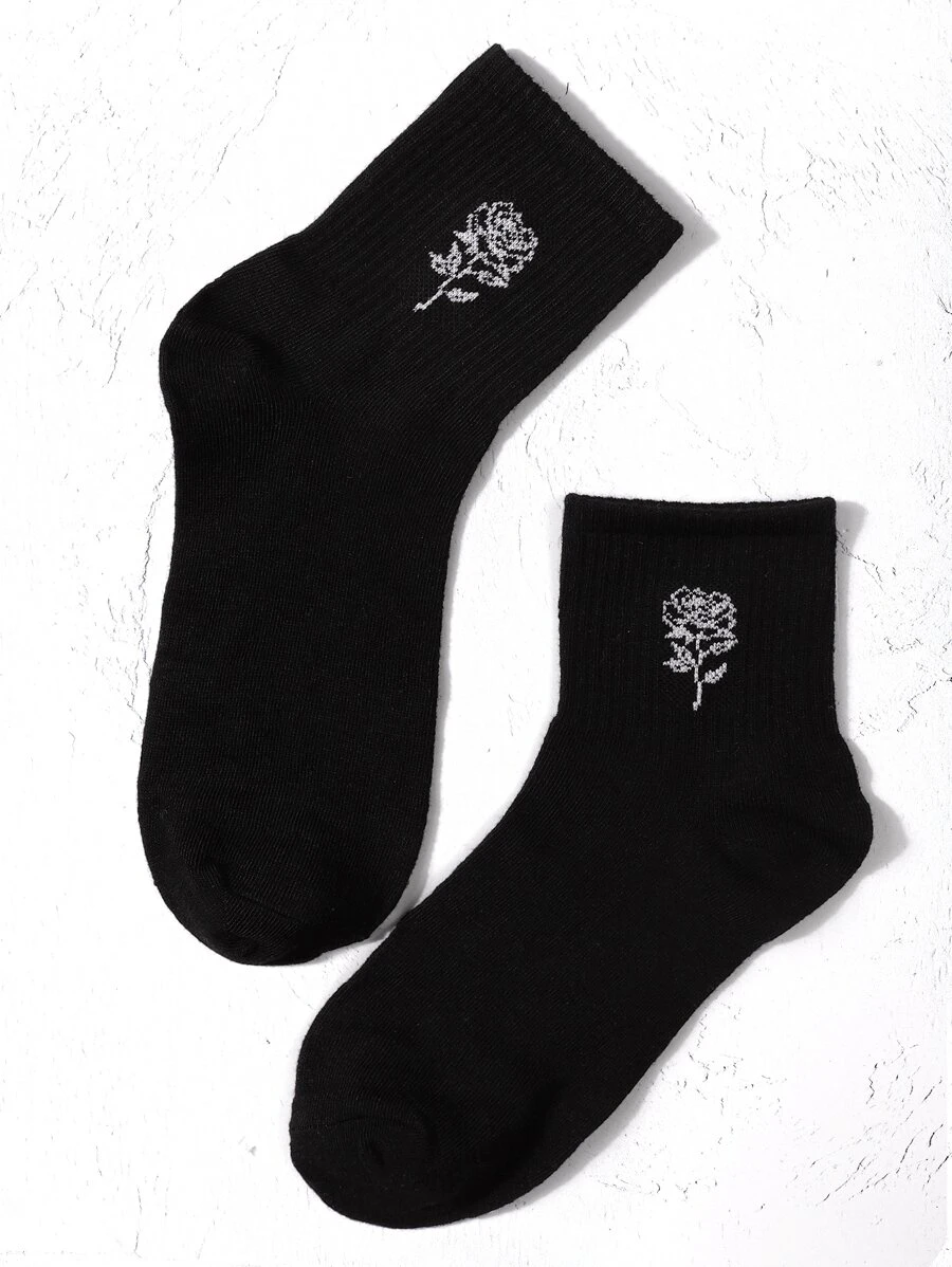 1pair Rose Patterned Mid-Calf Socks, Perfect For Valentine'S Day - Black - View 1