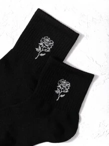 1pair Rose Patterned Mid-Calf Socks, Perfect For Valentine'S Day - Black - View 2