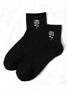 1pair Rose Patterned Mid-Calf Socks, Perfect For Valentine'S Day - Black - View 3